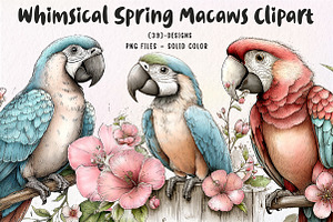 Whimsical Spring Macaws Clipart, an Illustration by CreationArt
