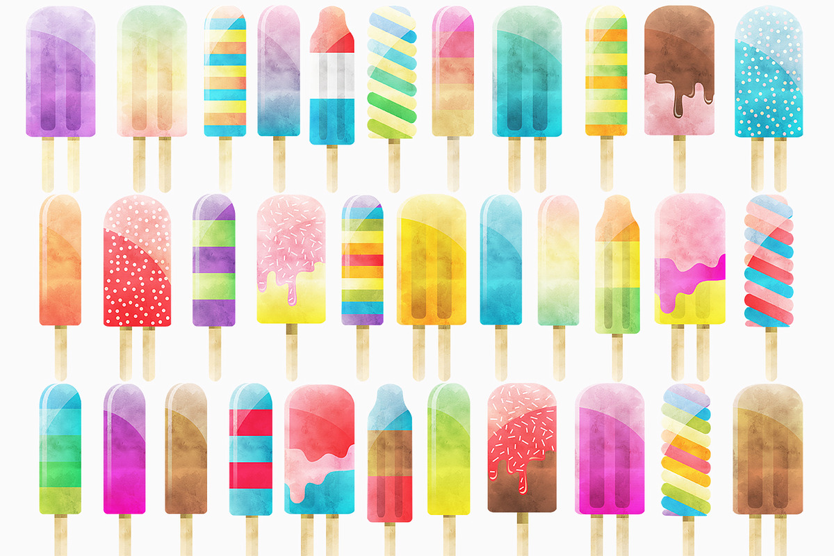 Watercolor Popsicles Clipart Set, a Food Illustration by Kenna Sato Designs