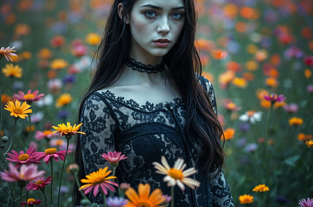 beautiful young goth woman amidst flowers AI generated
