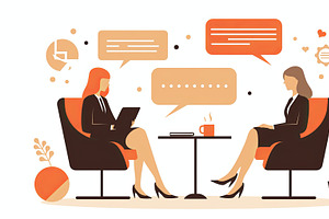 Two professionals having a discussion at a modern workspace with speech bubbles, an Illustration by AS photostudio