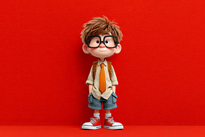 Cartoon boy with glasses, orange tie, and hands in pockets stand, a Person Photo by José Manuel Gelpi