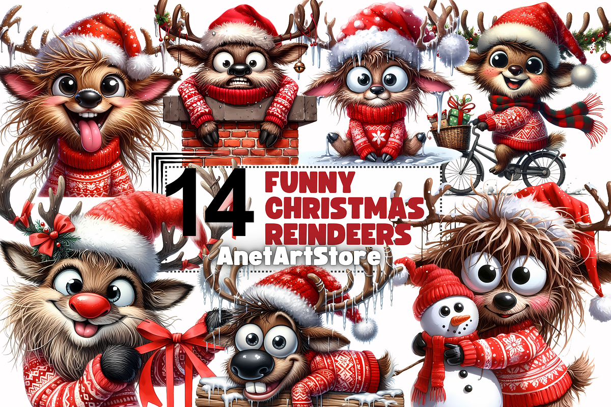 Funny Christmas reindeers clipart, an Animal Illustration by AnetArtStore (Photo 1 of 8)