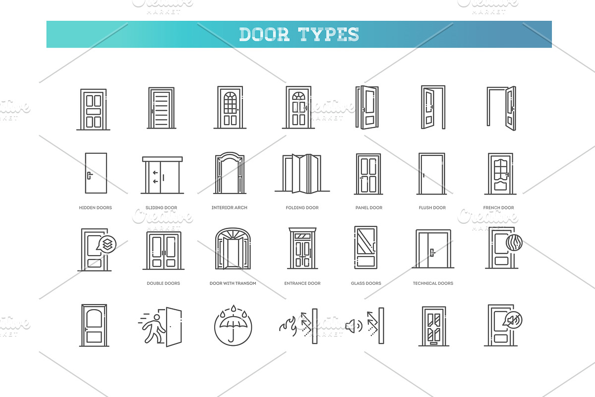 Door Types Line Icons Set, an Outline Icon by Tettygreen (Photo 1 of 2)