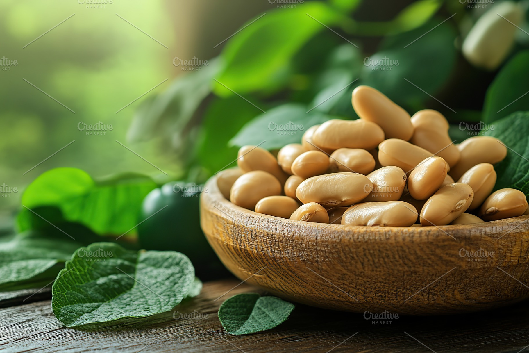 White beans in brown plate on blurred green background, a Food & Drink Photo by AlyaAnd