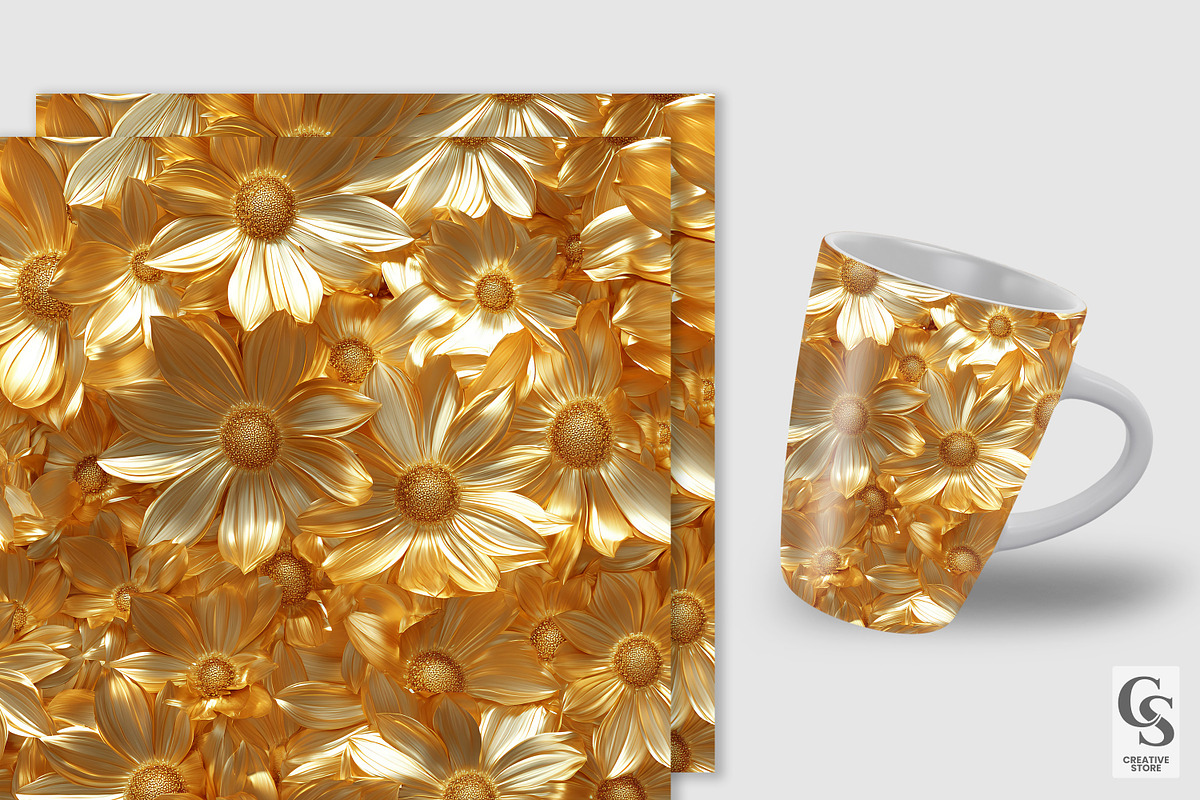 Gold Daisy Flowers Seamless Patterns, a Pattern Graphic by Creative Store (Photo 2 of 5)