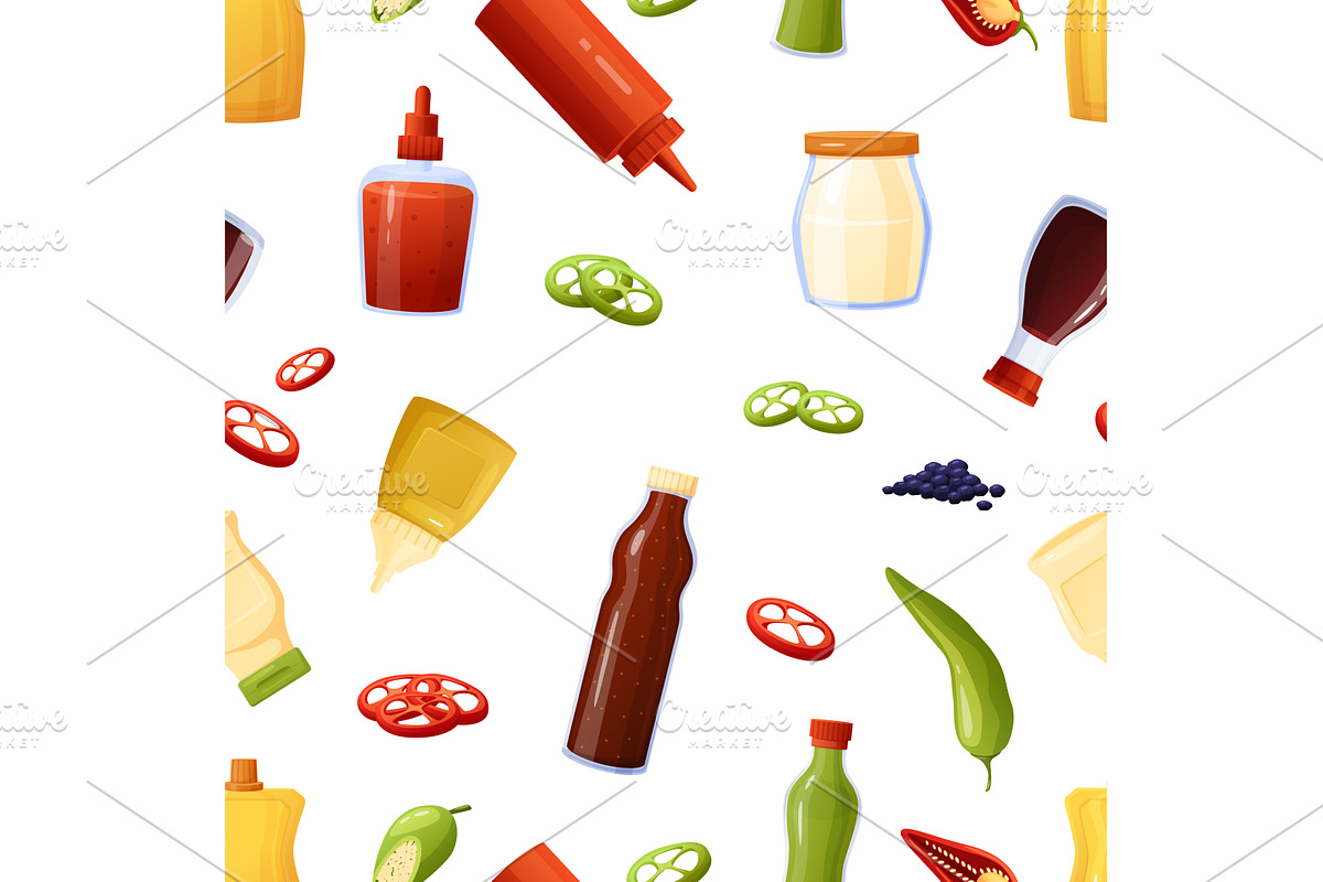Sauce bottles seamless pattern, a Food Illustration by LadadikArt