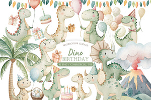 Dino Birthday Watercolor Clipart Set, an Illustration by MockupWizard