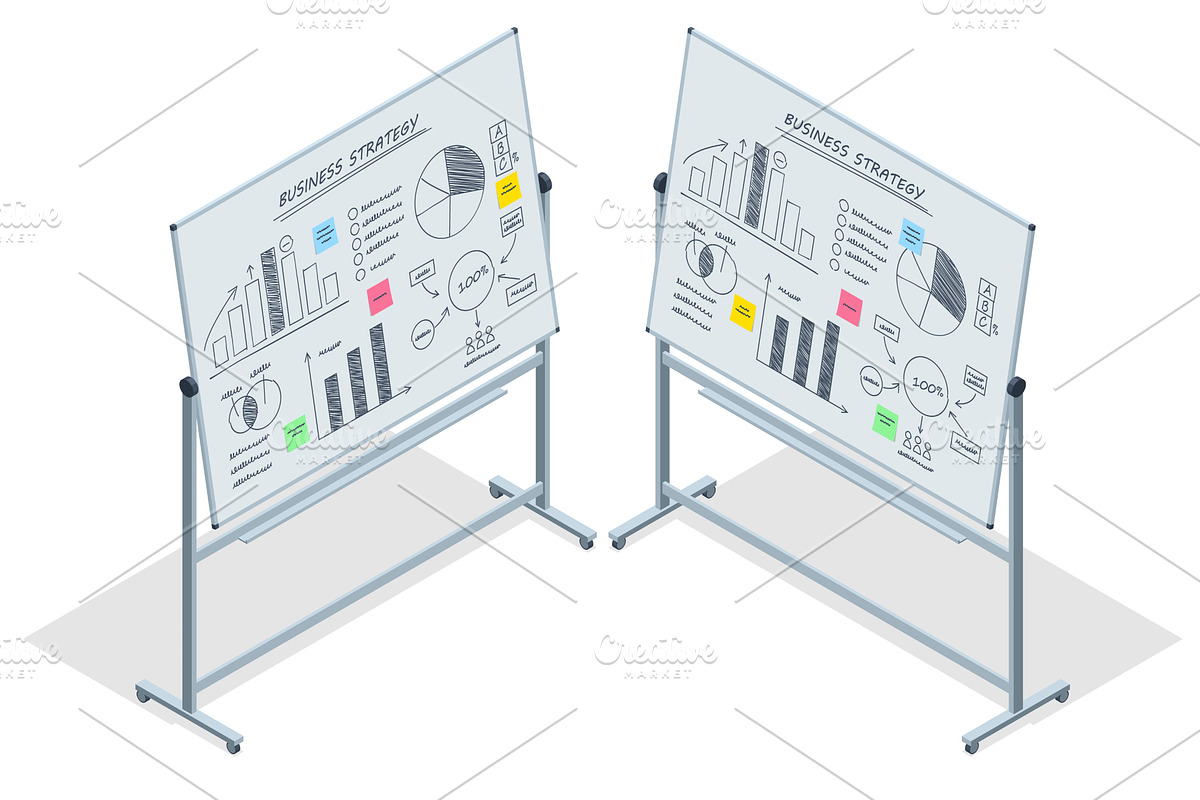 Isometric vector of two flipcharts, a Person Illustration by Golden Sikorka
