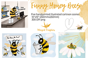 Fun illustrated bee scenes set of 5