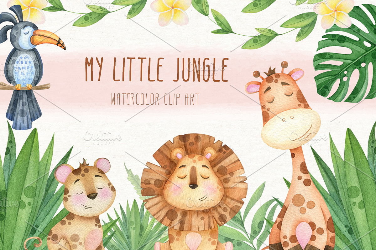 Little jungle watercolor clip art, an Animal Illustration by ekossa_art (Photo 1 of 7)