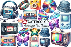 Watercolor Nostalgic 90s Clipart, an Illustration by Rose Art