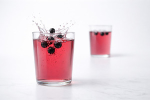 Black currant berries splashing into, a Photo by Dvoevnore photos