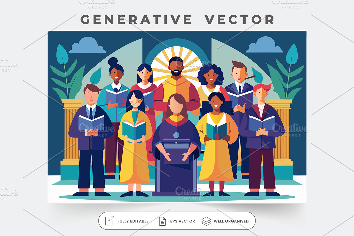 A diverse choir leads the congregati, a Graphic by Iftikhar Alam