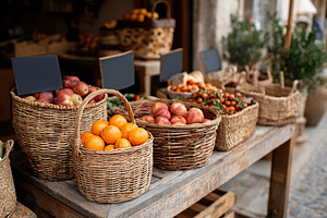 Colorful market stand displaying fresh fruits in handmade baskets on a sunny da, a Food & Drink Photo by AlyaAnd