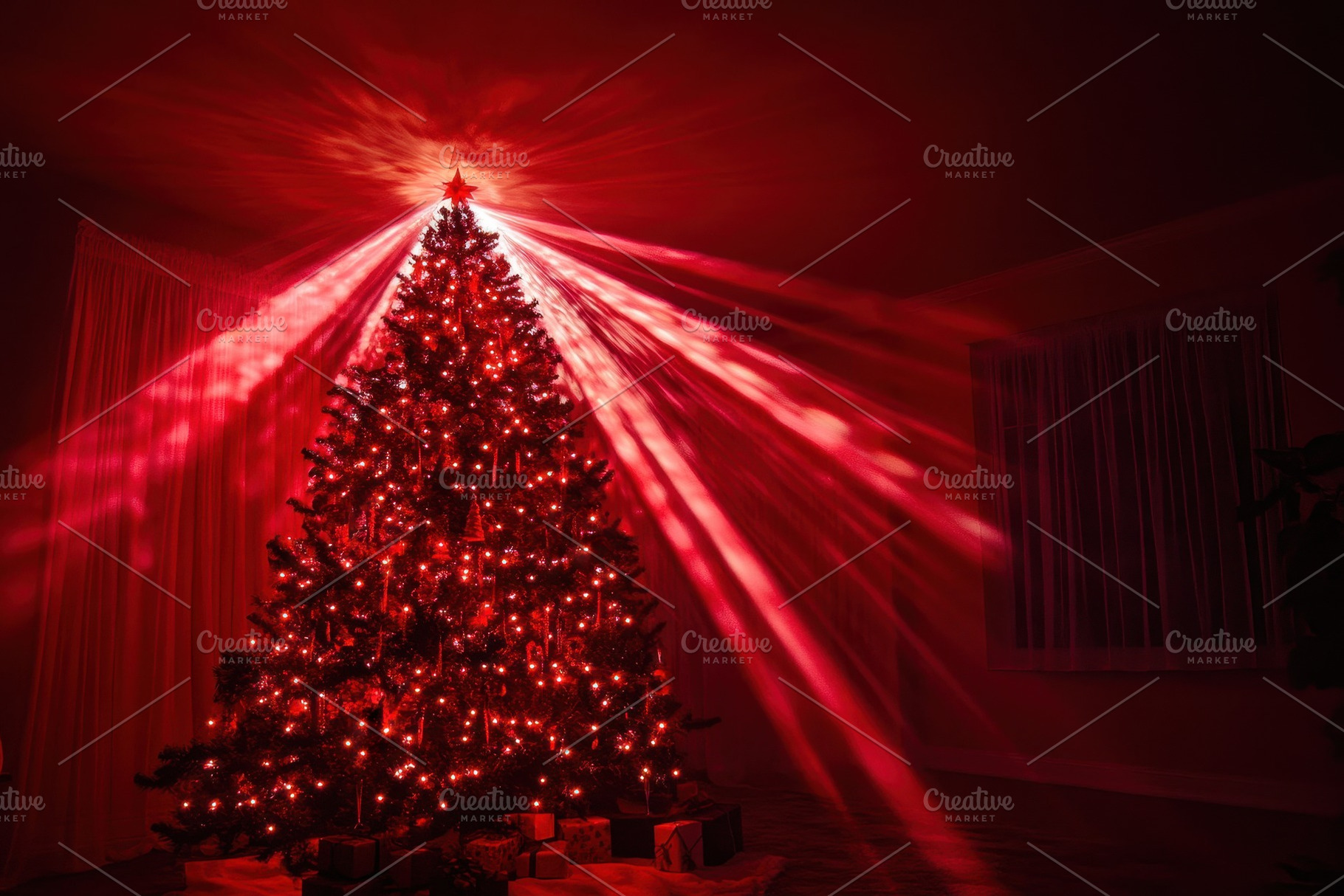 Christmas tree illuminated with red, a Photo by Iftikhar Alam