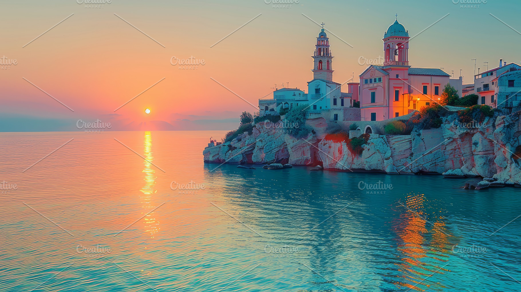 Breathtaking Sunset View of Vieste, Italy: Coastal Charm and Serene Waters, a Photo by AS photostudio
