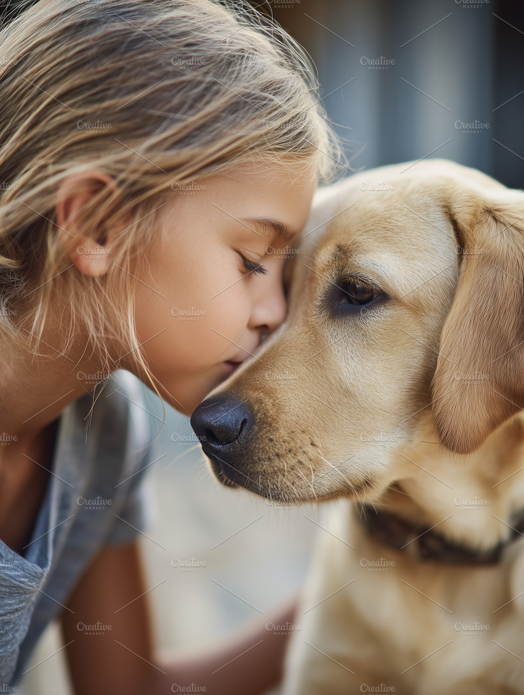 Tender moment between a young girl, an Animal Photo by MistyDay