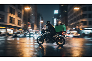 Night food delivery motorcycle rider, a Transportation Photo by Igor Tichonow