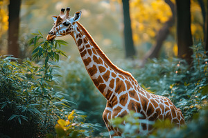 Giraffe grazes on lush greenery in a, an Animal Photo by Pixeness Studio