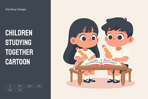 Children Studying Together Cartoon, an Education Illustration by Partikusi Design