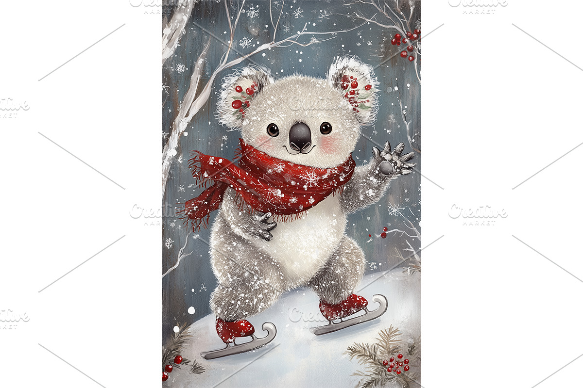 Koala Skating in Holly Scarf Art, an Animal Illustration by Art Paradise Studios
