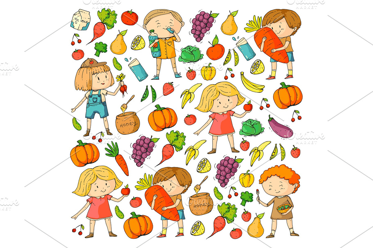 Children. School and kindergarten. Healthy food and drinks. Kids cafe. Fruits and vegetables. Boys and girls eat healthy food and snacks. Vector doodle preschool pattern with cartoons kids drawing, an Education Illustration by Doodle