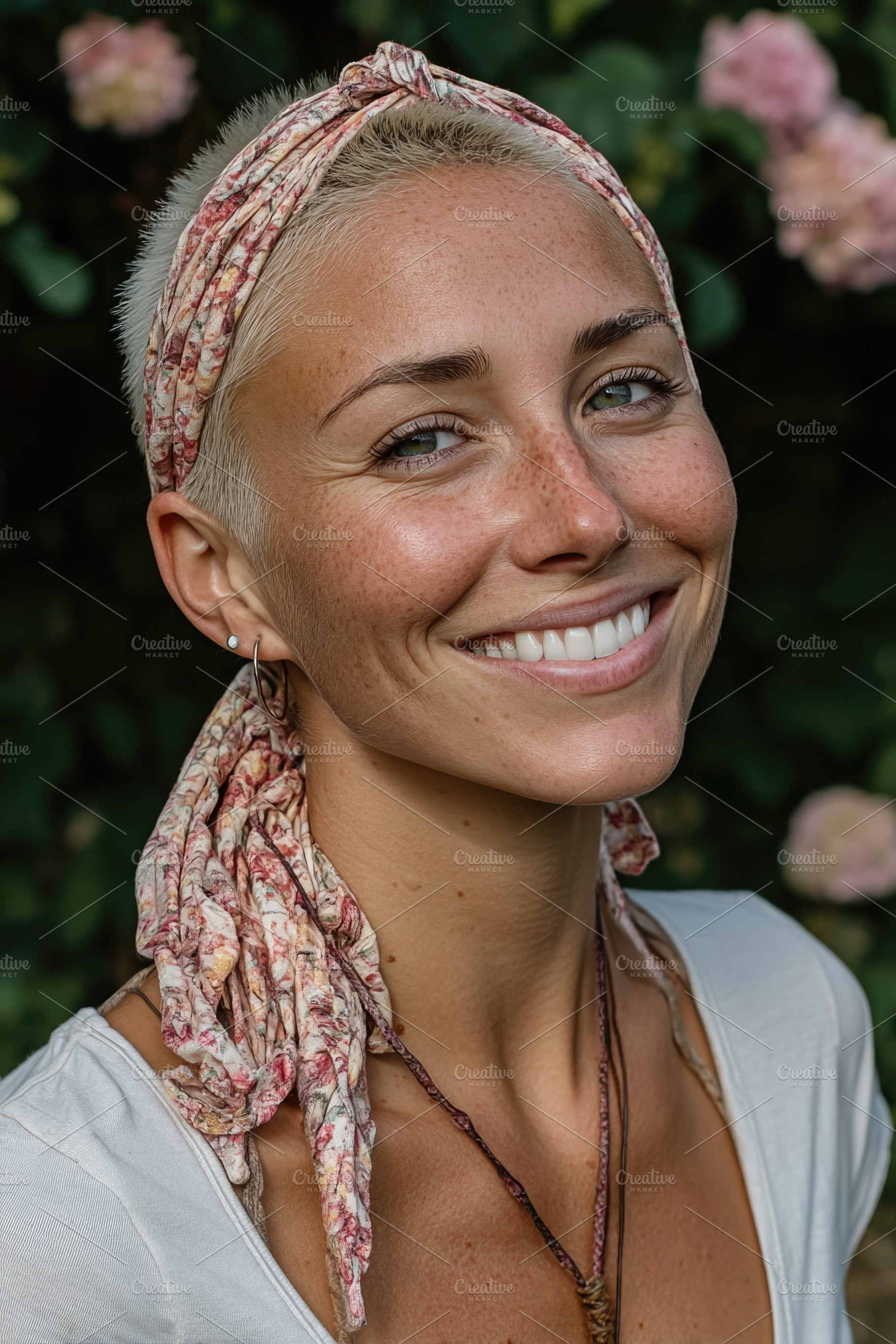 Smiling mature woman with floral headscarf in garden, a Person Photo by José Manuel Gelpi
