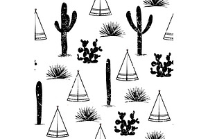 Indian Tribal Background. Simple Flat Wigwam, Cactus, And Grass. Seamless Pattern Landscape. Minimalist Design. Cartoon Illustration