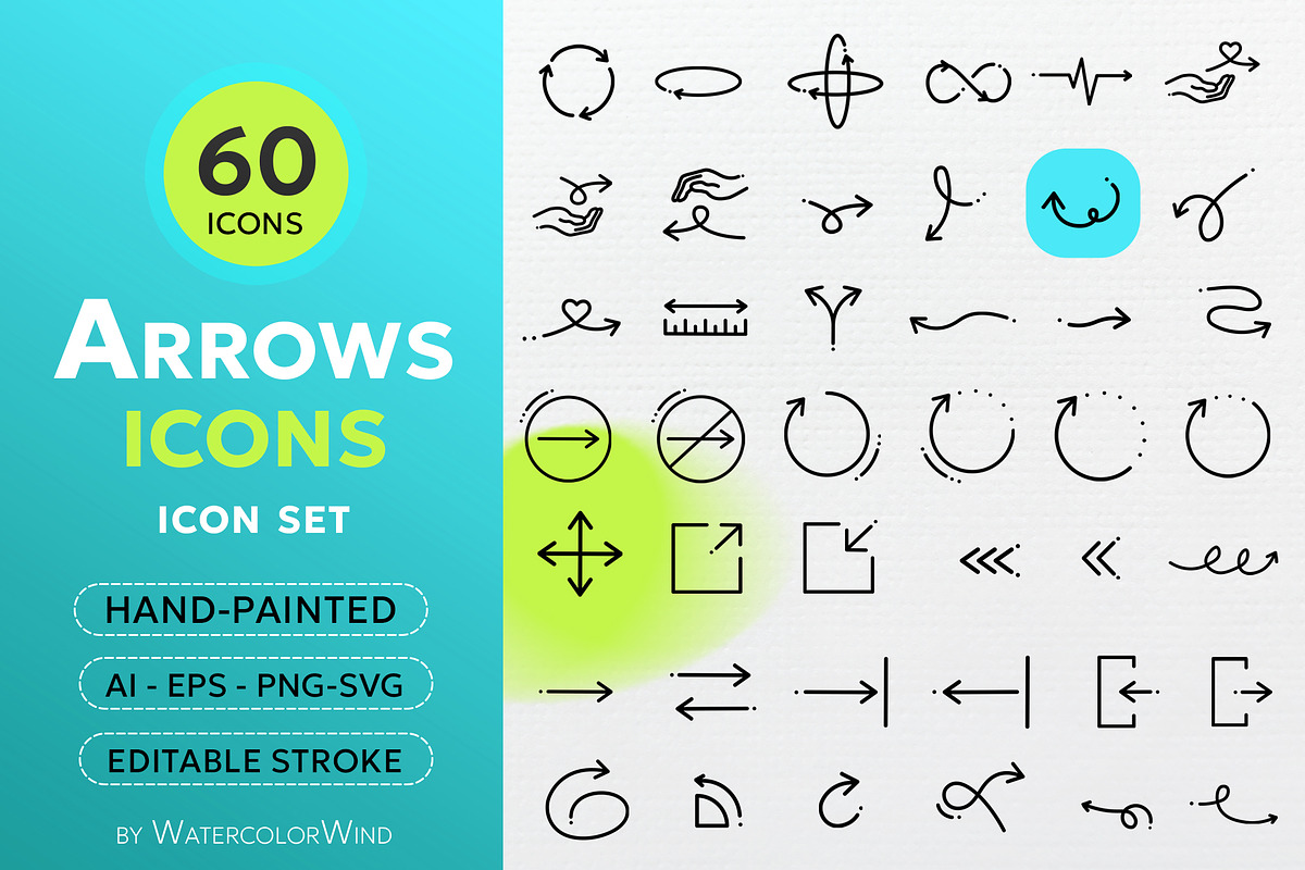 60 Arrows Line Icons, an Outline Icon by Ksenia Shmakova (Photo 1 of 3)