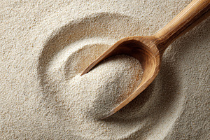 Wooden scoop rests on fine flour, a Photo by Pavel_design