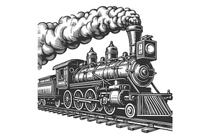 steam train smoke engraving vector, a Transportation Illustration by AlexArt