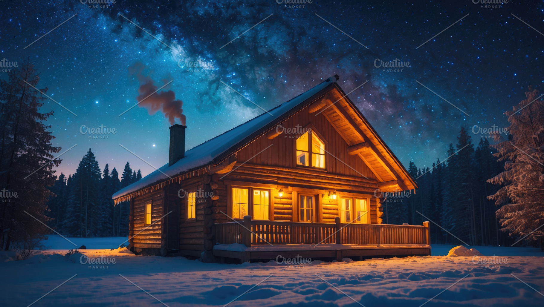Illuminated Wooden Cabin in a Snowy, a Background Photo by Perpis