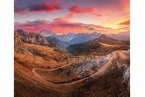 Beautiful mountains and pink sky at, a Nature Photo by den-belitsky