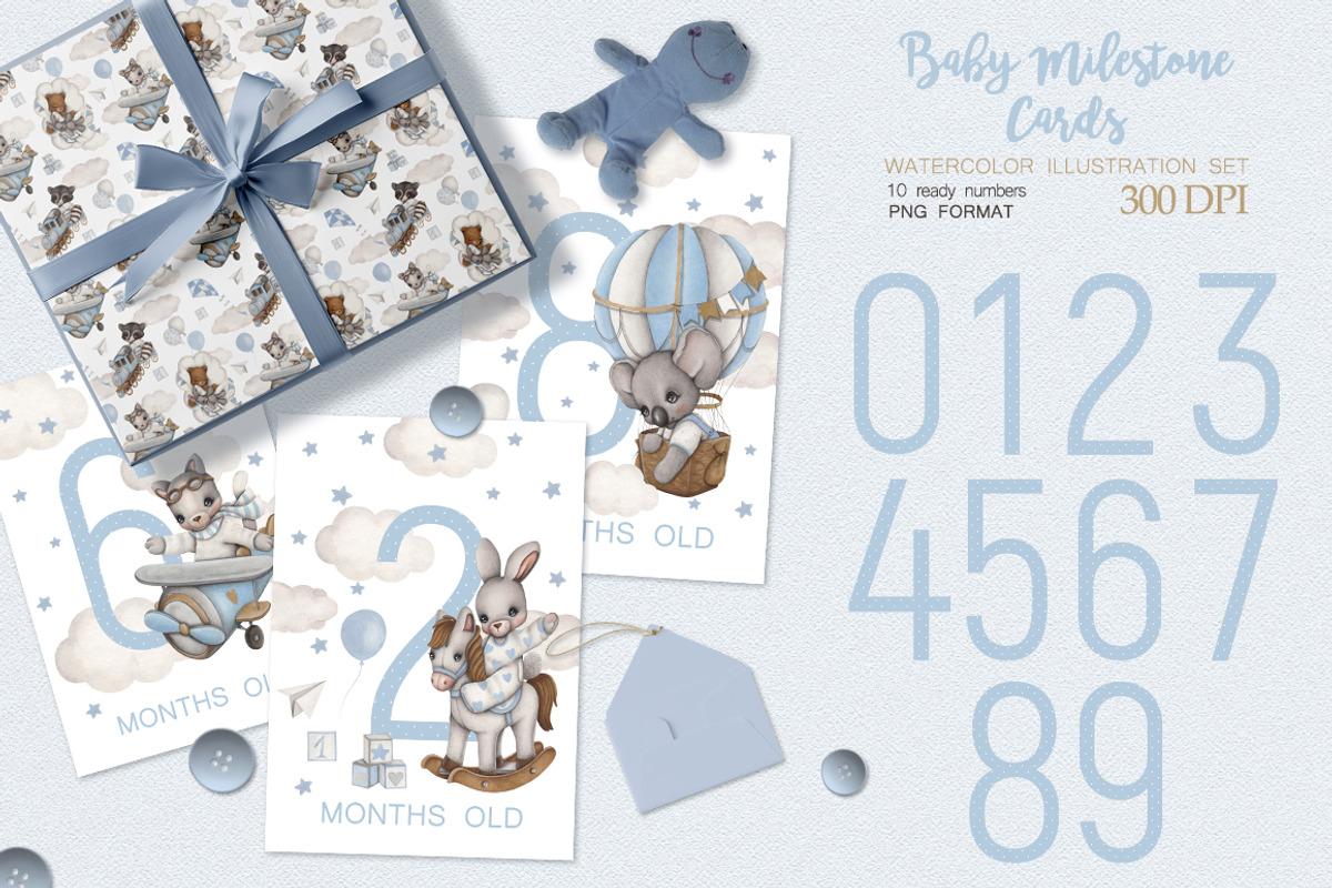 Watercolor Set Baby Milestone Cards, an Animal Illustration by ViktoriyaD (Photo 4 of 5)