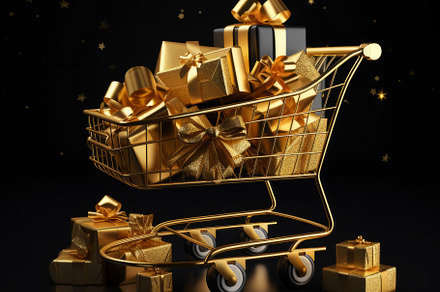 Shopping cart full of golden gift boxes on black background, a Holiday Photo by Natalia Klenova's Shop
