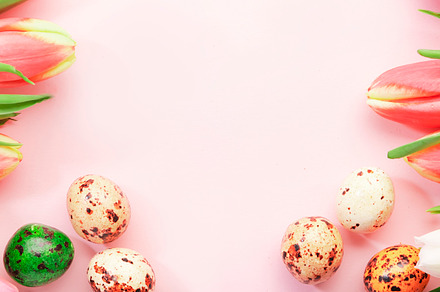 Spring Easter composition with pink tulips flowers and eggs on p, a Holiday Photo by 5PH