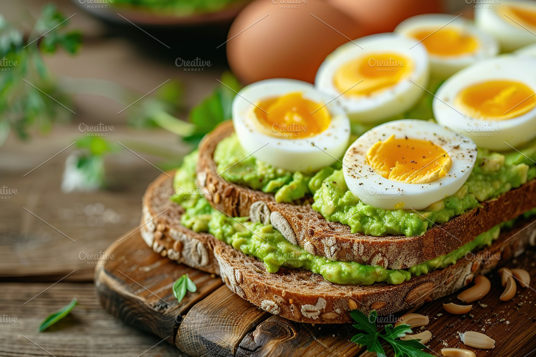 Toast rye bread with avocado puree and hard boiled eggs on wooden table, a Food & Drink Photo by AlyaAnd