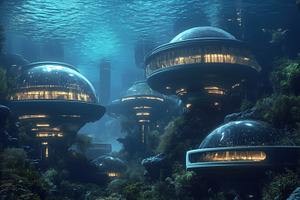 A futuristic underwater city with dome-shaped structures illuminated from withi, an Arts & Entertainment Photo by Textures & Backgrounds