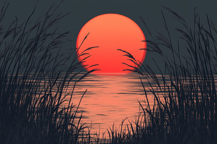 Red sun setting over calm waters wit, a Photo by Iftikhar Alam