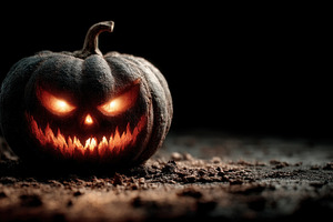 Evil jack o lantern with glowing eyes and sharp teeth on spooky, a Holiday Photo by José Manuel Gelpi