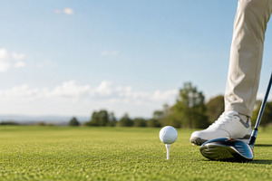 Golf player focusing on teeing off o, a Photo by Dvoevnore photos
