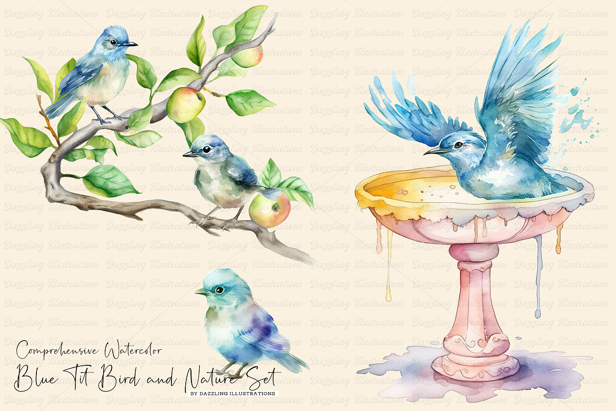 Watercolor Blue Tit Bird Nature Set, an Animal Illustration by Dazzling Art Boutique (Photo 1 of 10)
