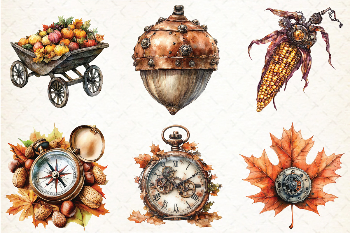 Watercolor Steampunk Autumn Clipart, an Illustration by Libby Wishes (Photo 5 of 9)