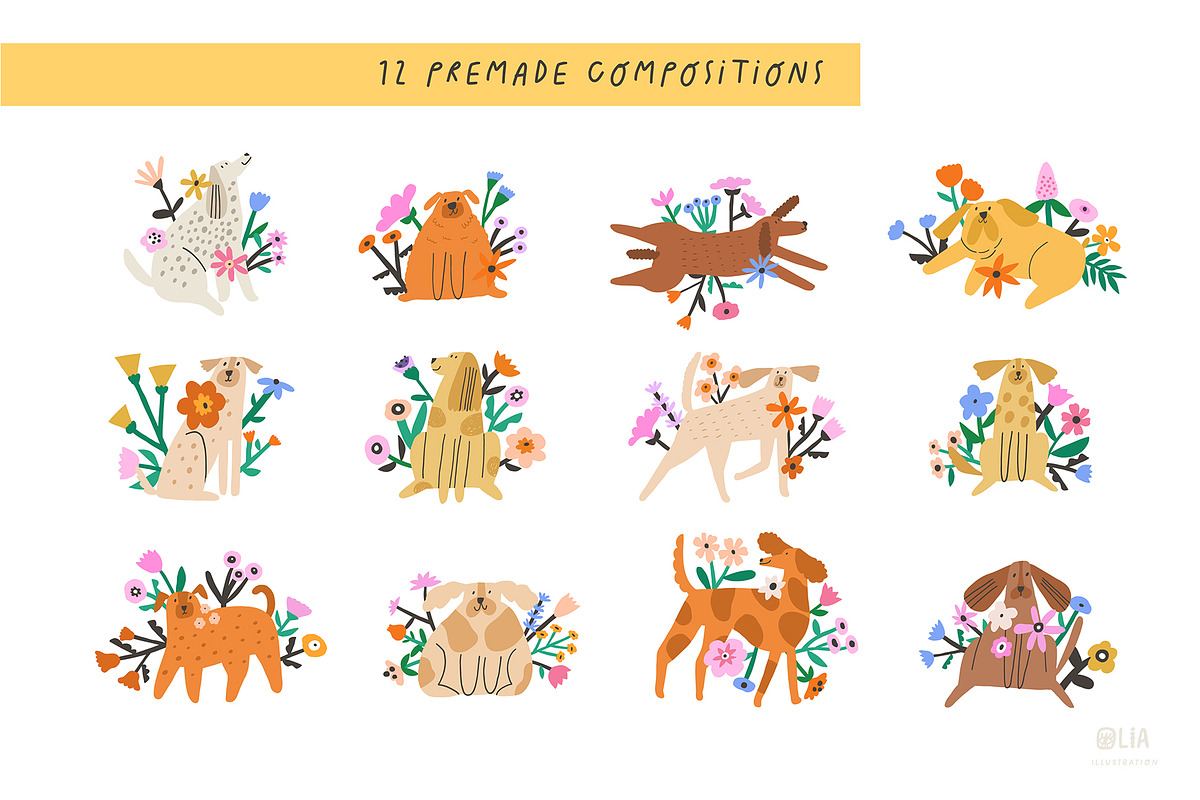 Dogs with flowers | 100% Hand drawn, an Animal Illustration by Olia (Photo 5 of 10)