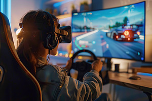 Young woman in headphones with steering wheel playing car racing game at home, a Sports & Recreation Photo by AlyaAnd