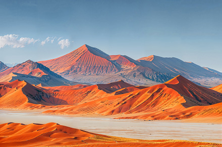 Sunset over desert dunes with mountain backdrop, a Photo by OSORIOartist