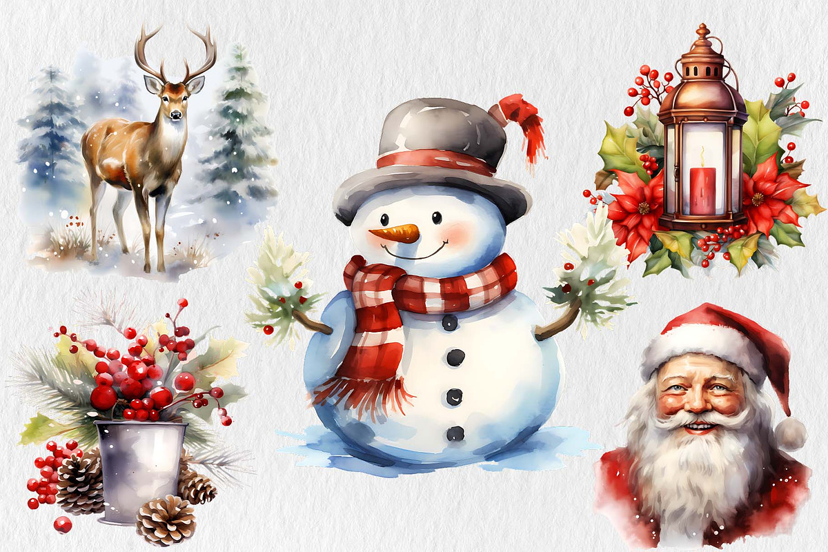 Watercolor Christmas Vintage Clipart, an Illustration by Moon Studio (Photo 2 of 12)