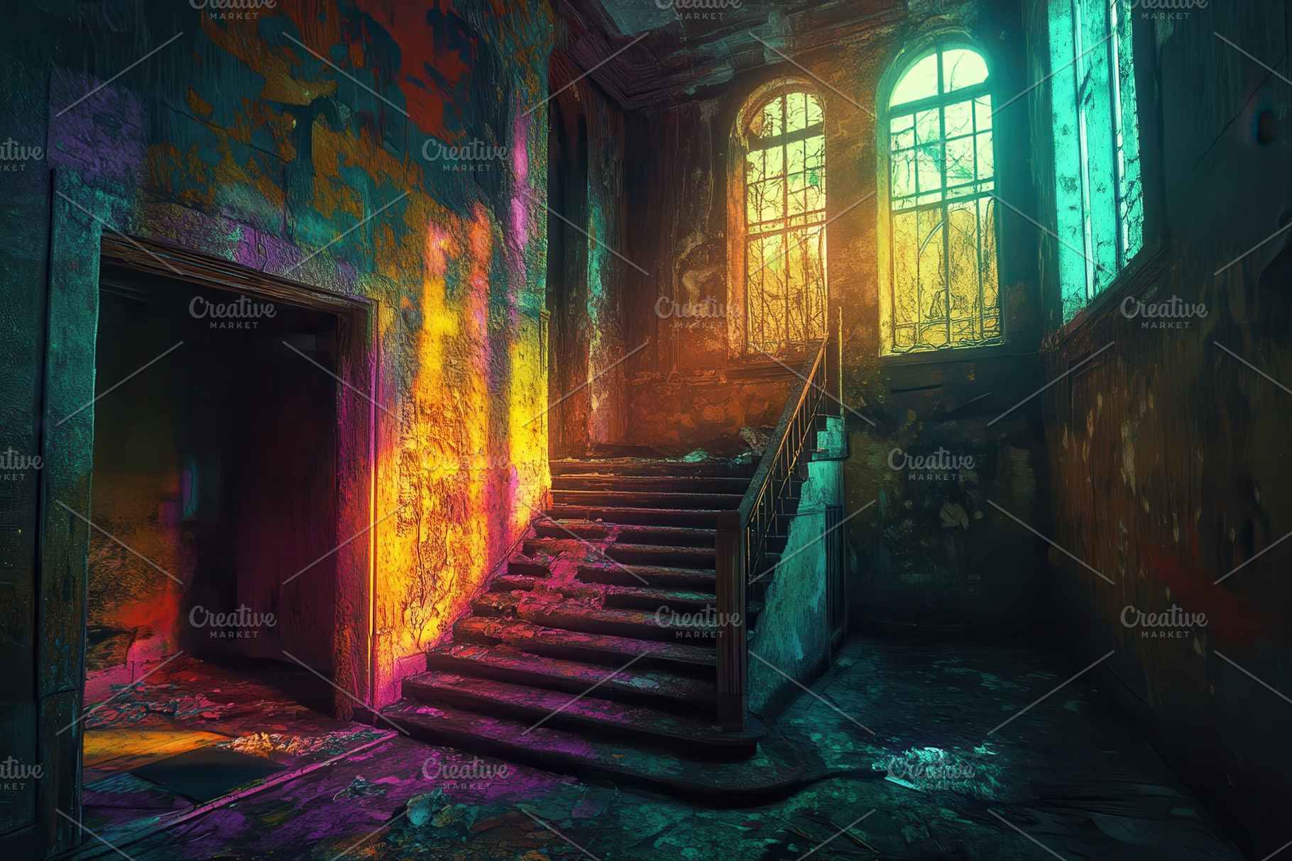 Abandoned Building Staircase Vibrant, a Photo by Pixeness Studio