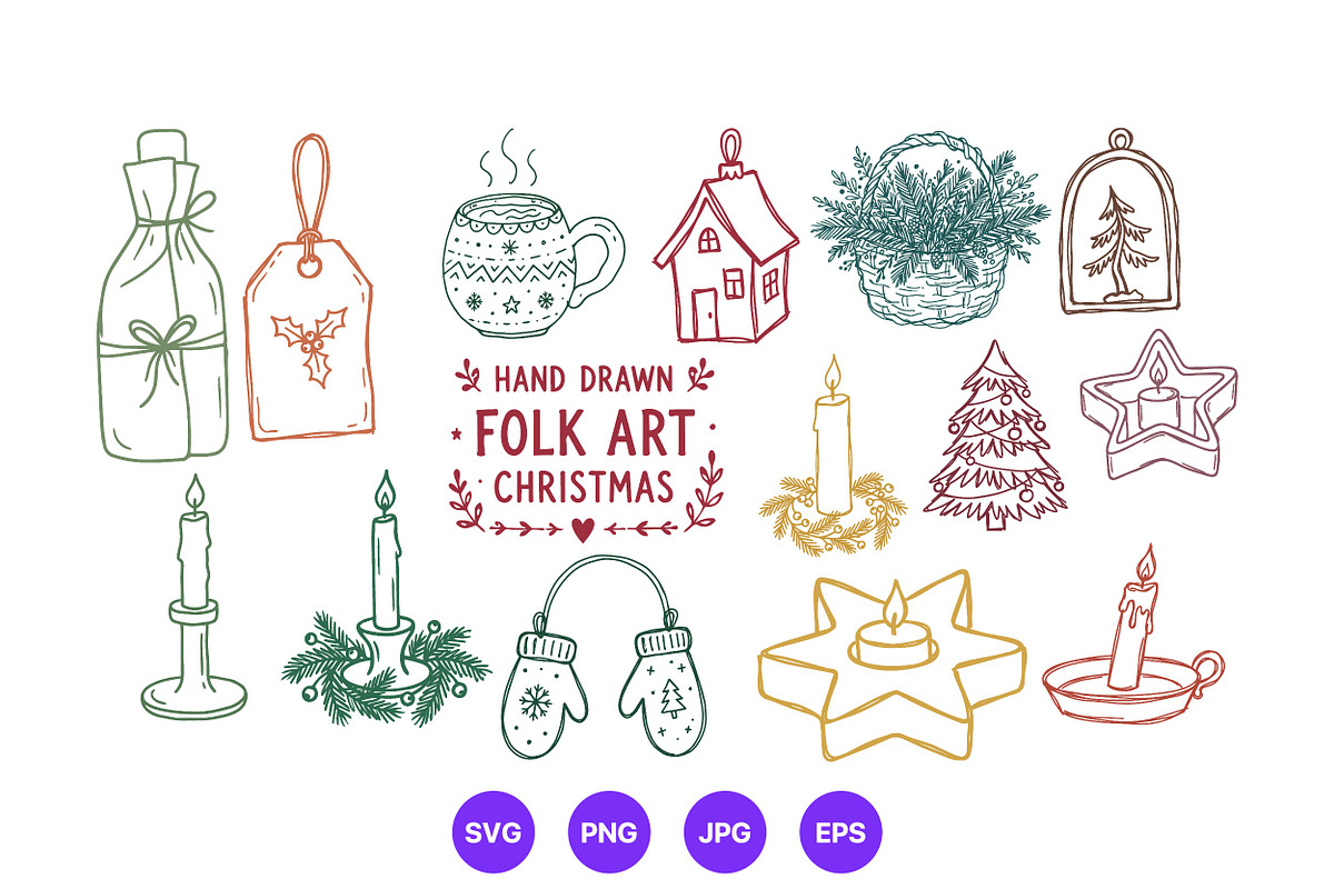 Christmas Hand Drawn Folk Art Set, a Seasonal Illustration by designvectx (Photo 1 of 10)