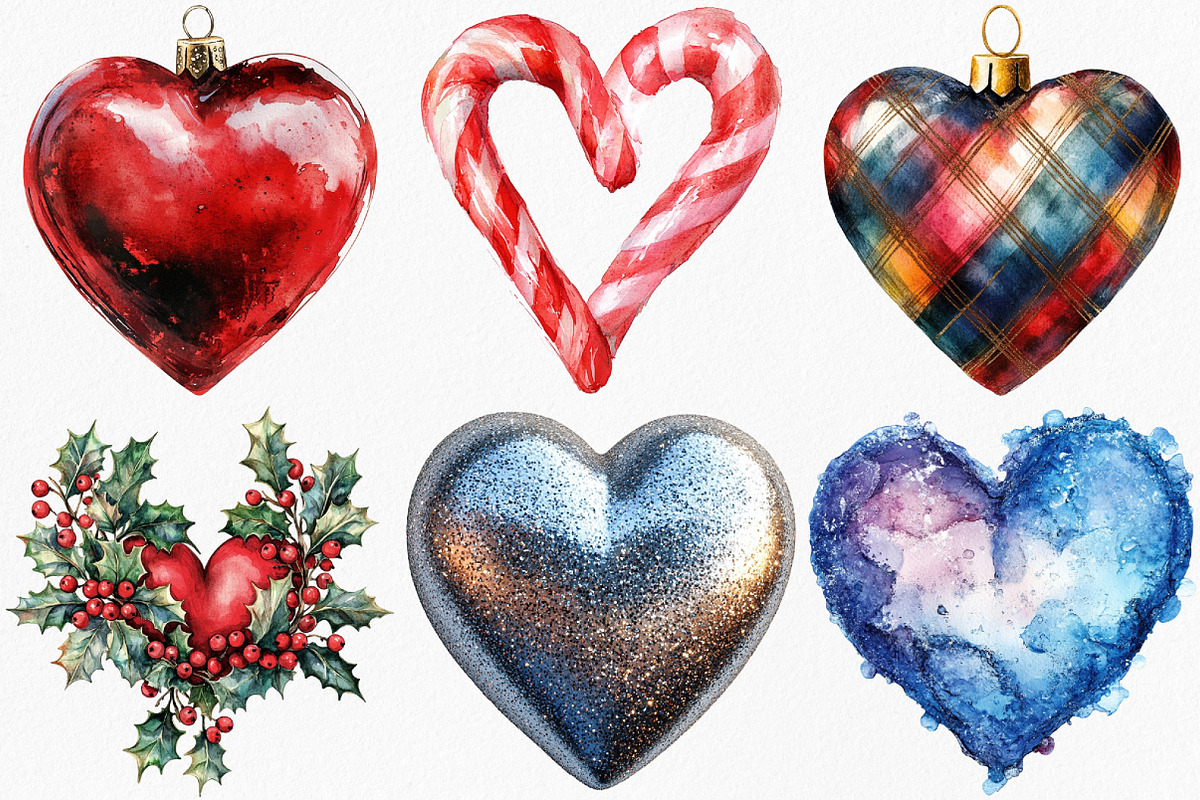 Watercolor Christmas Hearts Clipart, an Illustration by Canvas Craft (Photo 2 of 8)